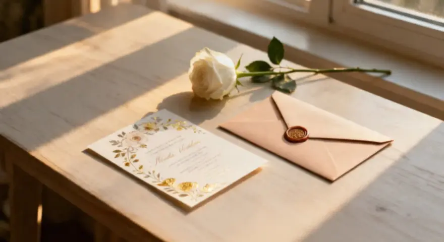 Eleganckie zaproszenie ślubne z różą i kopertą z pieczęcią. Czekam na Twoje rsvp!