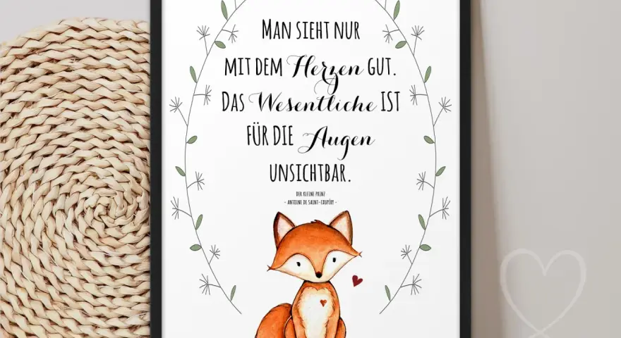 Gerahmtes Bild mit Fuchs und Zitat aus "Der kleine Prinz": "Man sieht nur mit dem Herzen gut.