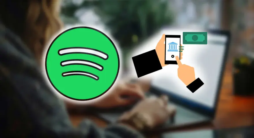 Spotify-Logo neben einer Hand, die ein Smartphone mit Bank-Symbol und Geldschein hält. Dies illustriert Spotify-Zahlungsmethoden.