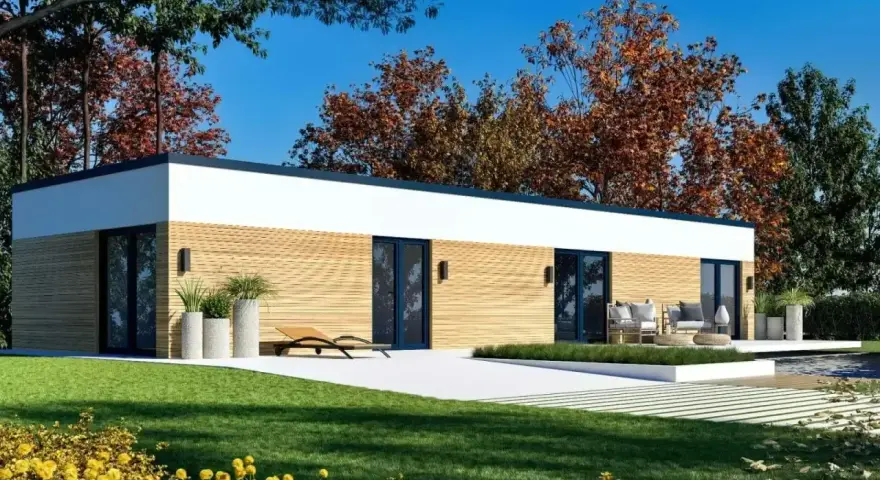Nowoczesny dom modułowy 100m2 cena pod klucz, z drewnianą elewacją, tarasem i ogrodem.
