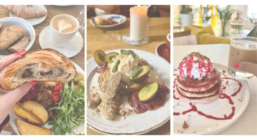 Leckeres vegan breakfast in Berlin: Croissant, Pancakes und ein süßer Kuchen mit Pflaumen.