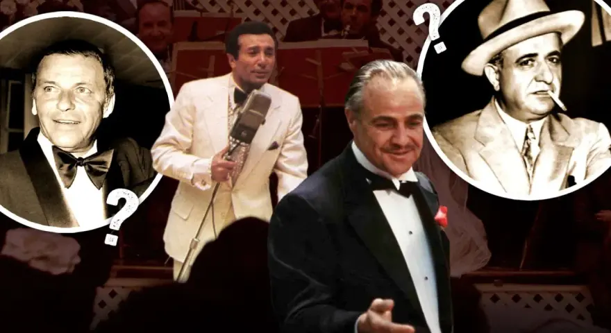Frank Sinatra, Marlon Brando und ein Mann mit Hut, der an die Frank Sinatra Mafia-Ära erinnert.