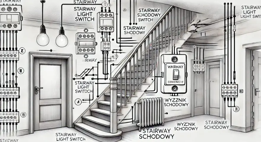 Schemat instalacji schodowej z wyłącznikiem schodowym. Widać tu, ile żył potrzebuje wyłącznik schodowy do prawidłowego działania.