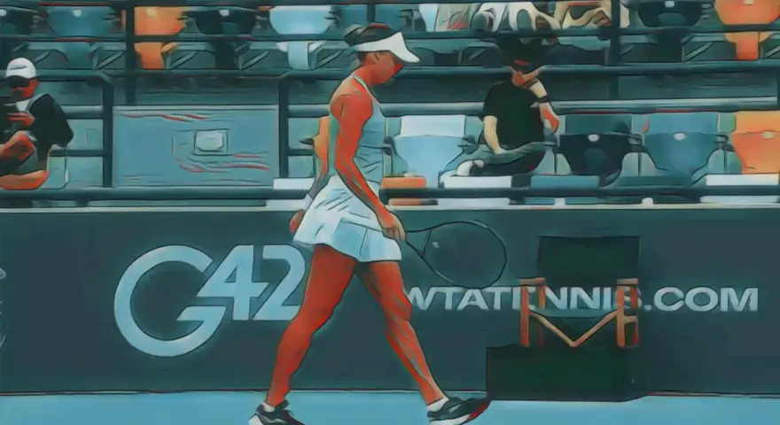 Tenisistka idzie po korcie, trzymając rakietę. Tło sugeruje turniej WTA Abu Dhabi 2026.