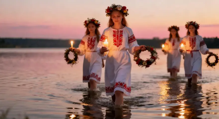 Dziewczęta wiankach i białych sukniach niosą wianki i świece, idąc przez wodę. To piękny widok, przypominający noc Kupały, inną nazwę sobótki.