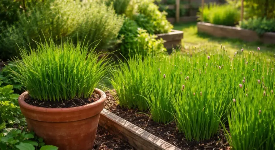 Ein sonniger **Schnittlauch Standort** im Garten. Ein großer Topf mit Schnittlauch steht links, daneben wachsen mehrere Beete mit dem grünen Kraut, einige mit zarten lila Blüten.