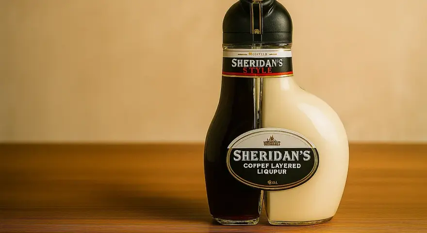 Dwukomorowa butelka Sheridan's, idealna do serwowania. Jak pić Sheridan's? Najpierw wlej biały likier, potem ciemny.
