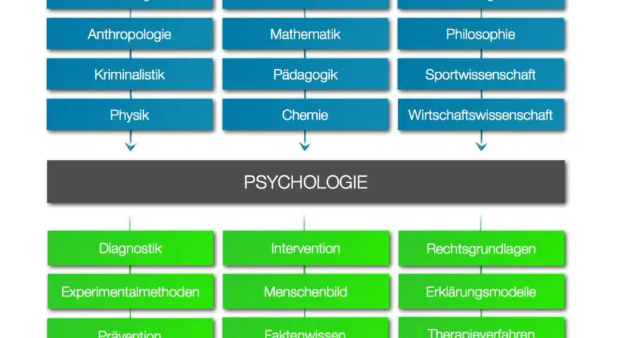 Diagramm zeigt, wie verschiedene Disziplinen wie Soziologie, Medizin und Biologie zur Psychologie beitragen. Darunter sind Anwendungsbereiche wie Diagnostik und Intervention aufgeführt.