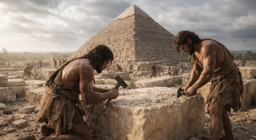 Hombres trabajando en la construcción de una pirámide, un momento clave en la civilización de Egipto.