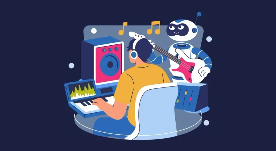 Człowiek w słuchawkach pracuje przy komputerze, a robot gra na gitarze. W tle nuty i sprzęt muzyczny. To idealne miejsce do wycinania wokalu.