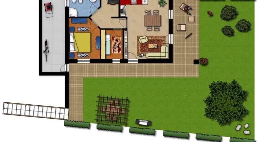 Planimetrie case: vista aerea di una casa con giardino, garage, camera da letto, bagno, cucina e soggiorno.