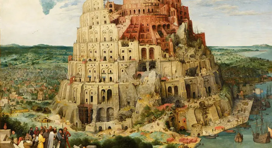 Monumentalna wieża Babel wznosi się ku niebu, otoczona miastem i morzem. Dzieło przedstawia biblijną opowieść o pychy i karze.