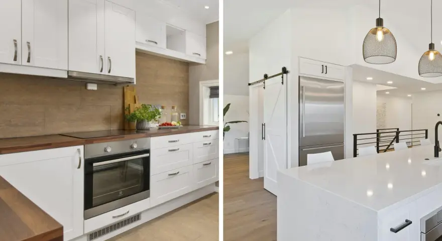 Cocina abierta con isla y barra, y cocina cerrada con electrodomésticos integrados y detalles en madera.