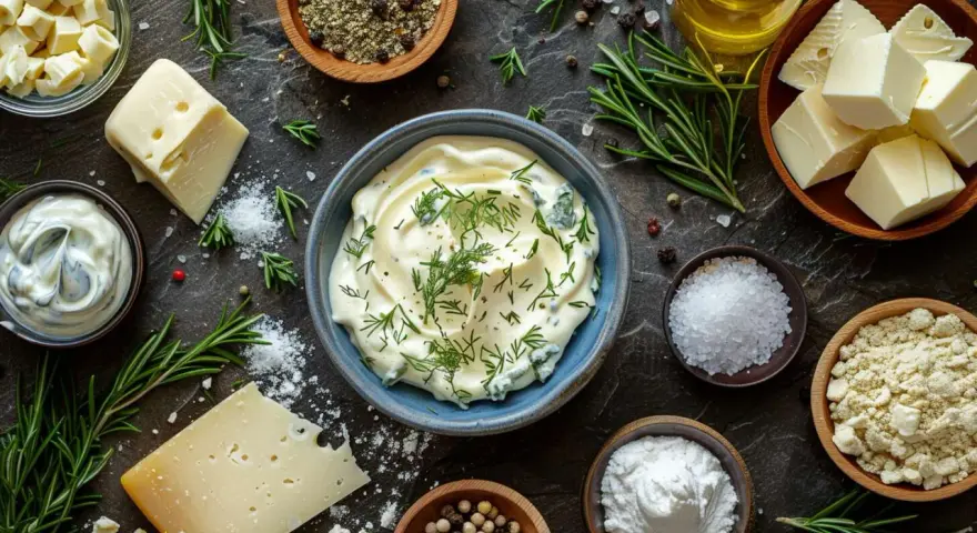 Un bol de sauce au bleu crémeuse, garnie d'aneth frais, entouré d'ingrédients pour une recette savoureuse : fromage, beurre, sel, poivre et herbes.