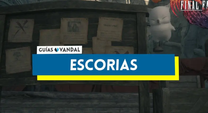 Un adorable moogle de Final Fantasy XVI flota cerca de un tablón de anuncios con información sobre el rey Bom.