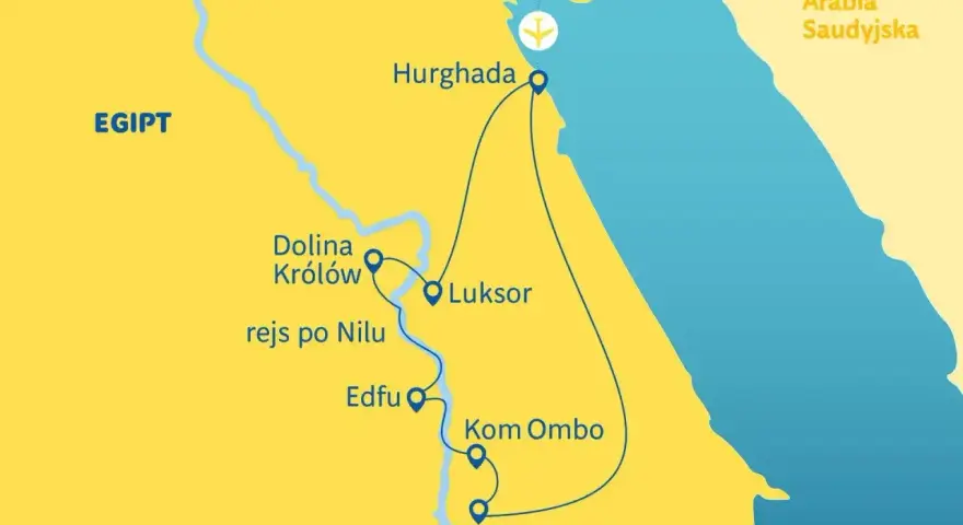 Mapa Egiptu z trasą turystyczną: Hurghada, Luksor, Dolina Królów, rejs po Nilu, Edfu, Kom Ombo, Asuan. Zastanawiasz się, ile leci się do Egiptu?