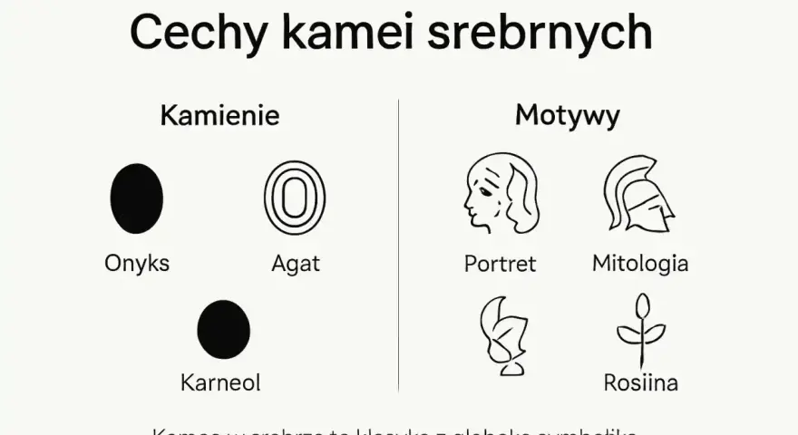 Kamea co to? Grafika przedstawia cechy kamei srebrnych: kamienie (onyks, agat, karneol) i motywy (portret, mitologia, roślina).