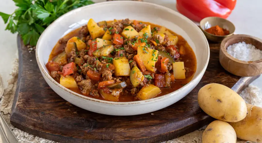 Herzhafter Bauerntopf mit Hackfleisch, Kartoffeln und Gemüse. Ein einfaches und leckeres Bauerntopf Rezept für die ganze Familie.