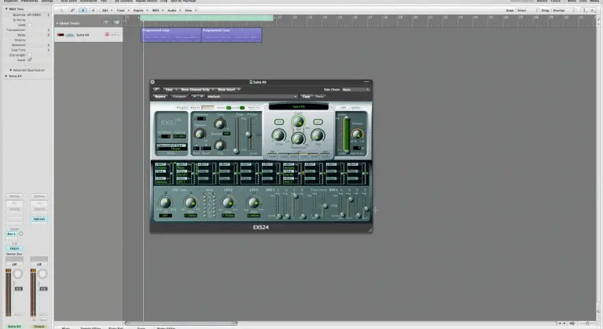 Wtyczka EXS24 z efektami, w tym pogłos, w programie Logic Pro.