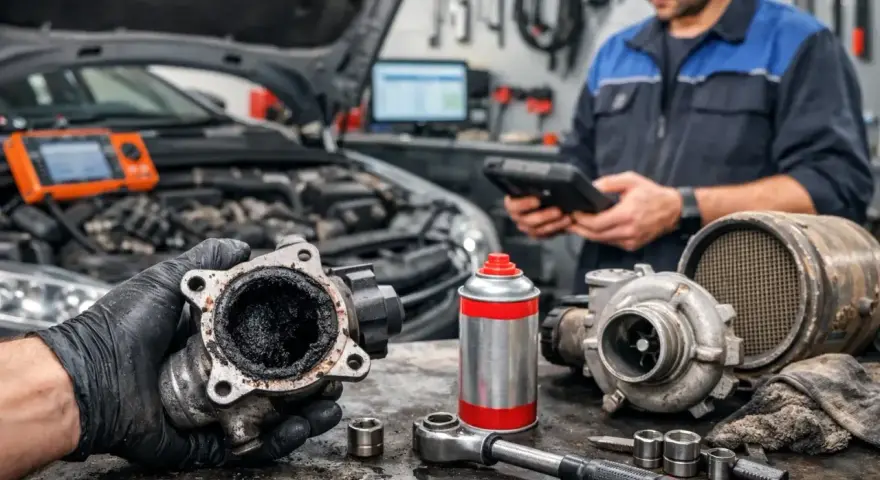 Mechanik trzyma mocno zabrudzony zawór EGR. Obok leżą turbosprężarka i narzędzia.