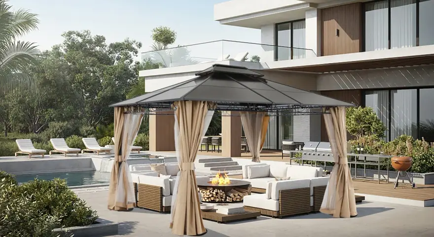 A modern gazebo with curtains creates a cozy outdoor living space. This image shows how to build a gazebo for entertaining, complete with a fire pit and lounge area.