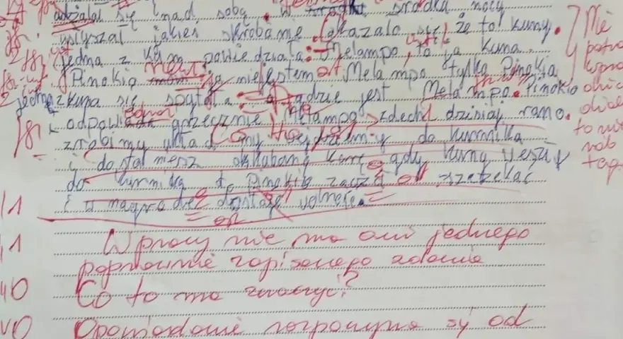Przykłady pisma z dysgrafią: litery nierówne, pochylone, zniekształcone. Tekst opowiada o Pinokiu i jego przygodach.