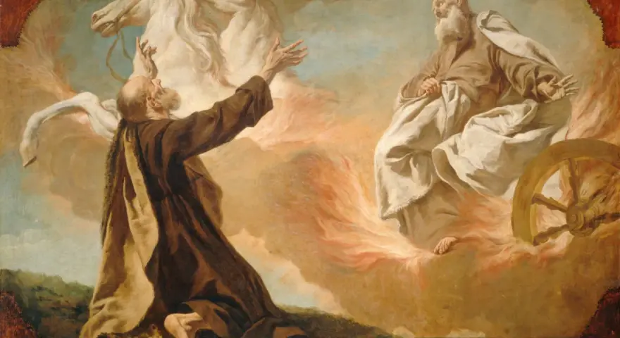Elijah ascends in a fiery chariot pulled by horses, while Elisha watches from below.