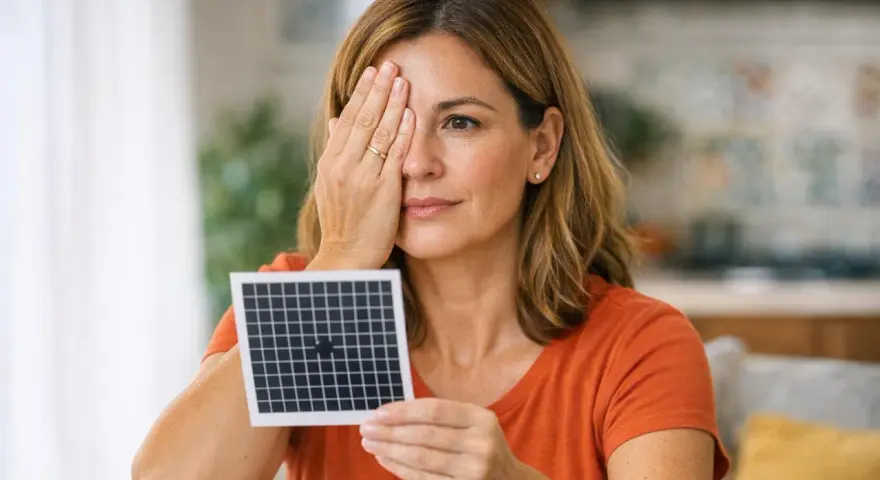 Donna copre un occhio, tenendo una griglia con un'ombra nera al centro, forse per un test visivo.
