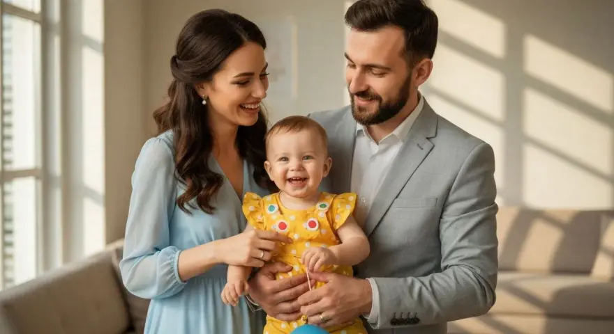 Szczęśliwa rodzina świętuje roczek dziecka. Mama w błękitnej sukience, tata w szarym garniturze, a maluch w żółtym, grochowatym ubranku. Idealna inspiracja, co ubrać na roczek!