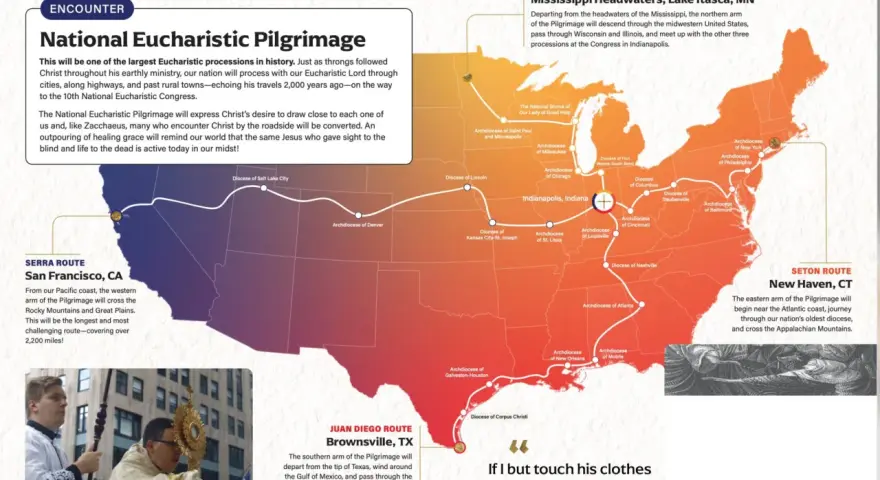 Map of US National Eucharistic Pilgrimage routes, showing four paths converging in Indianapolis, highlighting various Christian prayer sites.