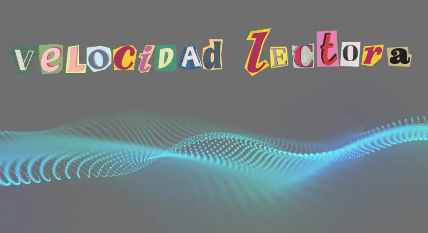 Letras recortadas forman "Velocidad Lectora". Una onda de puntos luminosos turquesas se ondula en la parte inferior.