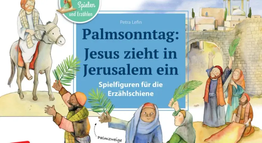 Illustration zum gesegneten Palmsonntag: Jesus zieht auf einem Esel in Jerusalem ein, Menschen jubeln mit Palmzweigen und breiten Kleider aus.
