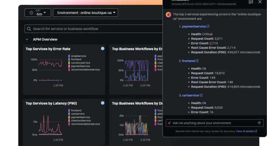 Cloud based application monitoring dashboard showing error rates, latency, and AI assistant identifying critical services like paymentservice.