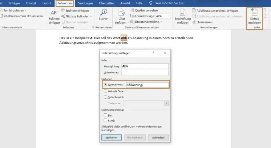 Word: Indexeintrag festlegen. "Abk" wird als Abkürzung markiert, mit Verweis auf "Abkürzung".