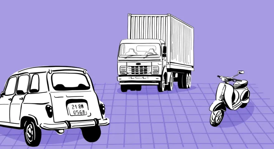 Un coche clásico, un camión de carga y una moto scooter sobre un fondo morado cuadriculado. Los portes llevan IVA.