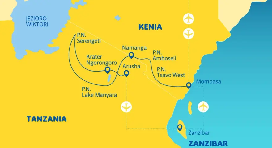 Mapa turystyczna Kenii i Tanzanii z zaznaczonymi parkami narodowymi, miastami i trasami podróży.