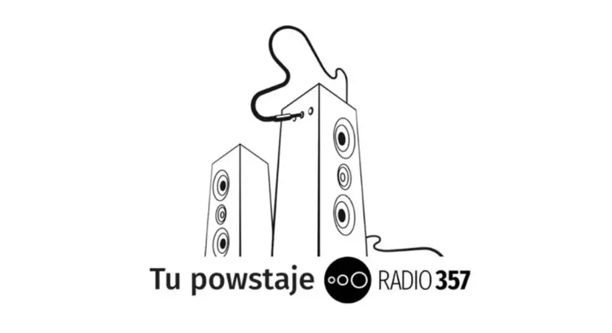 Dwa głośniki połączone kablem, symbolizujące dźwięk i muzykę. Logo RADIO 357.