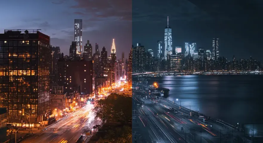 Dwa nocne widoki Nowego Jorku, po lewej z Chrysler Building, po prawej z One World Trade Center. Efekt denoise AI podkreśla blask świateł.