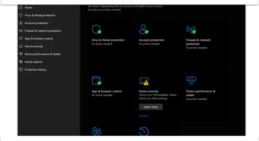 Interfejs Windows Defender pokazuje status ochrony: wirusów, sieci, konta i urządzenia. Wszystko działa poprawnie.