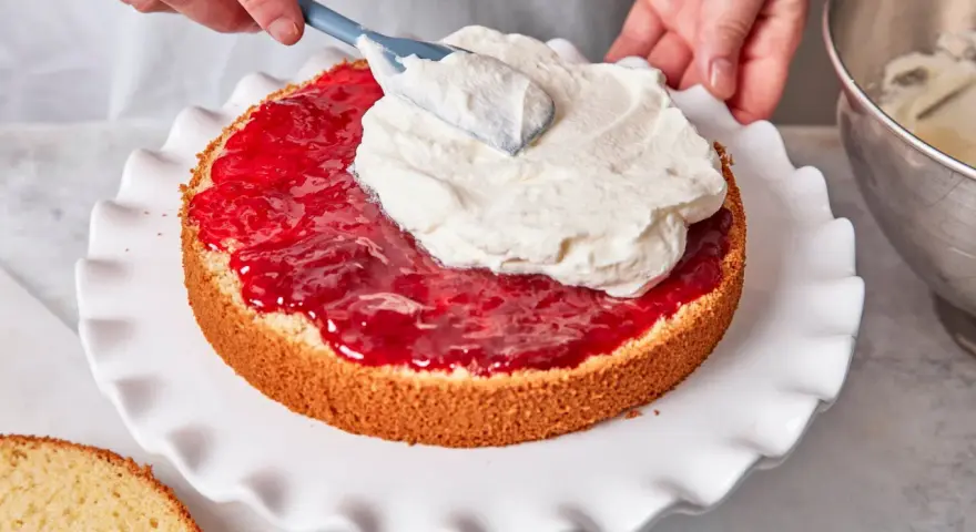 Eine Hand verteilt Sahne auf einer Marmeladenschicht eines Victoria Sponge Cake.