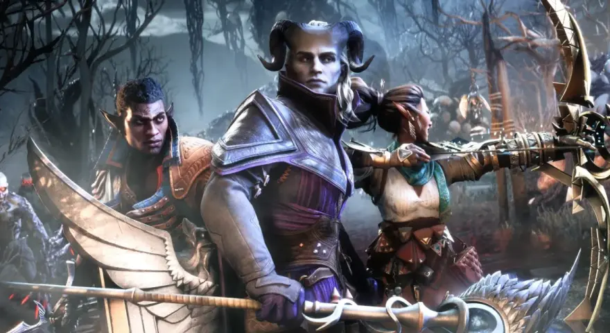 Trzej bohaterowie, w tym elf, demon i łuczniczka, przygotowują się do walki w mrocznym lesie. Zapowiada się epicka przygoda w Dragon Age 4.