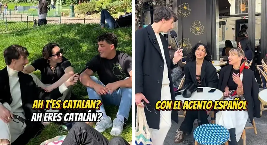 Dos escenas: jóvenes en un parque y en una terraza. Se pregunta cómo son los franceses, con acento español.