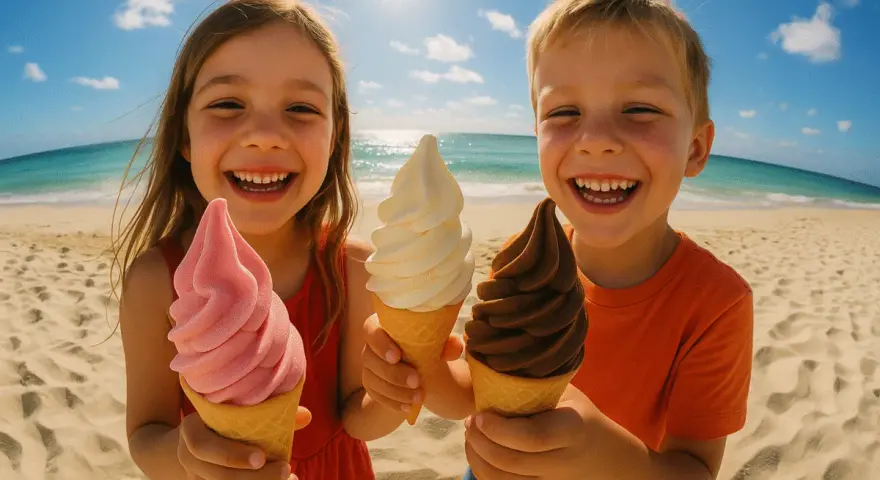 Zwei glückliche Kinder am Strand mit Eis. Der süße Geschmack von Glucose Zucker auf der Zunge.
