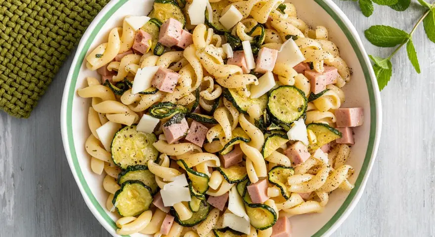 Un'insalata di pasta fredda sfiziosa con fusilli, zucchine grigliate, cubetti di prosciutto cotto e scaglie di formaggio.