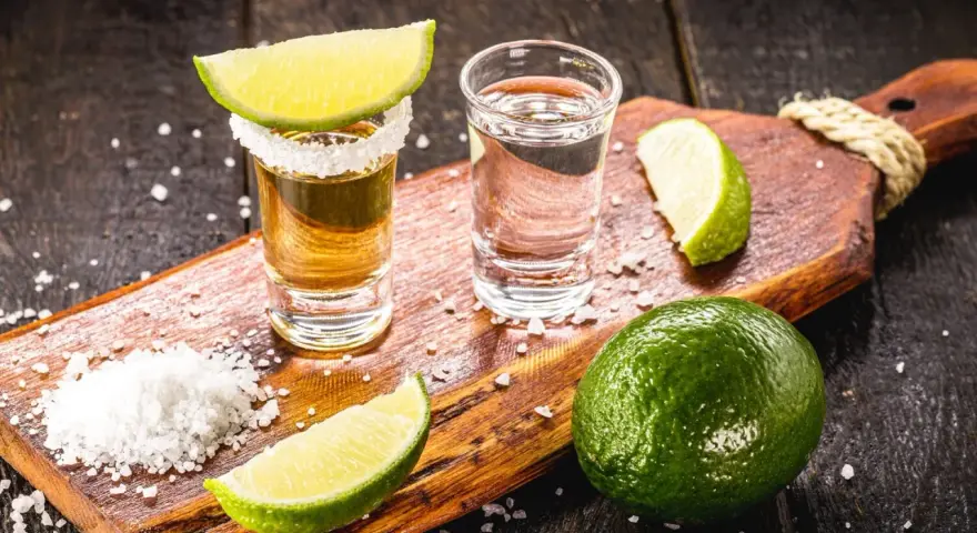 Zwei Gläser Tequila, Salz und Limettenspalten auf einem Holzbrett. Perfekt zum Tequila trinken.