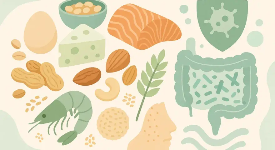 Illustration d'allergènes alimentaires courants (oeuf, fromage, poisson, noix, crevettes) et d'un visage avec des symptômes d'allergie. L'image suggère les allergie noisette symptômes.