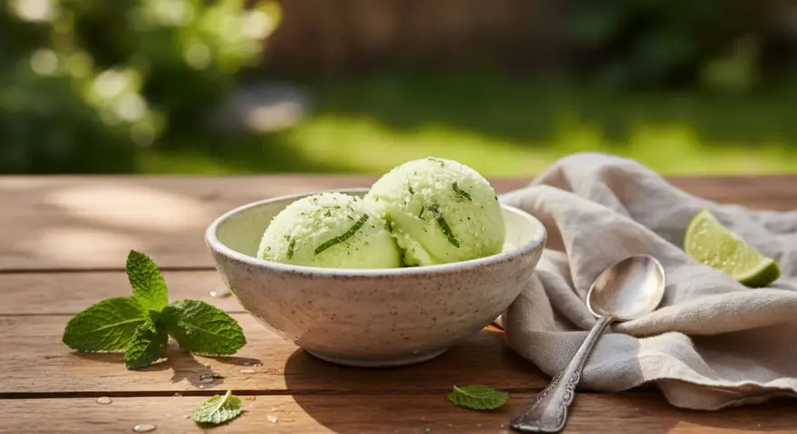 Zwei Kugeln Minz-Limetten-Eis in einer Schale, garniert mit Minze und Limettenschale. Perfekt, um den zuckergehalt messen.