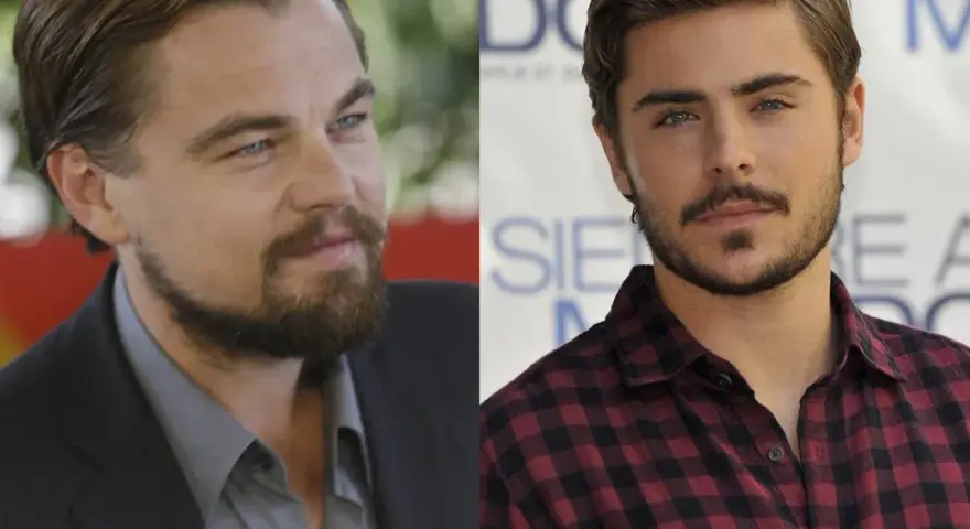 Leonardo DiCaprio y Zac Efron, ambos con estilosas barbas cuadradas, posan para la cámara.