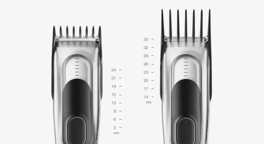 Dos cortapelos plateados, uno con peine de 3 mm y otro con peine de 35 mm, muestran la versatilidad de un clipper.