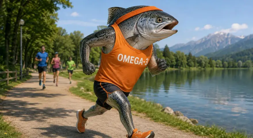 Un salmone con la scritta "Omega-3" corre su un sentiero, superando altri runner. Un esempio di come gli omega 6 e 3 supportano uno stile di vita attivo.